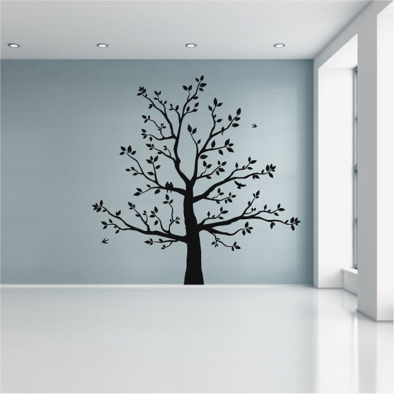 Large Tree Wall Sticker Design with Perched Birds in Branches and Leaves