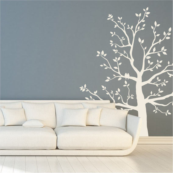 Large White Tree Wall Sticker Design with Perched Birds in Branches and Leaves