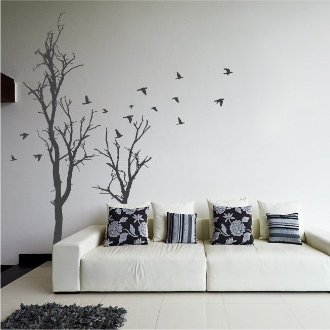 Wall Decal Large Dead Tree Design with Flock of Flying Birds