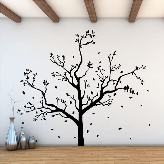  Large Tree Wall Sticker Design with Falling Leaves and Flying Birds