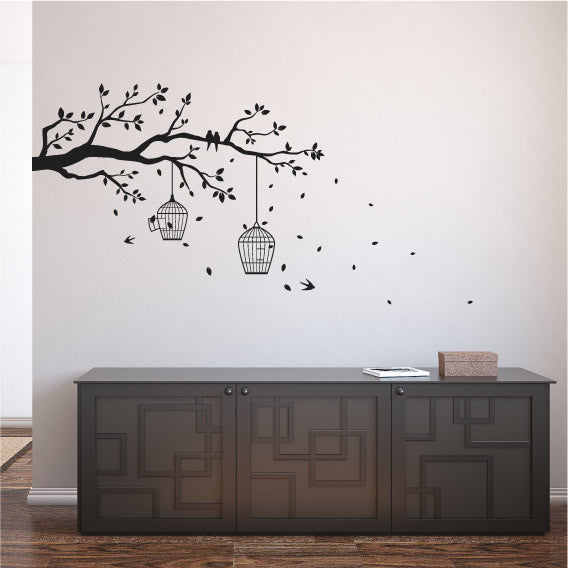 Tree Branch Wall Sticker Design with Perched Birds, Leaves and bird cages