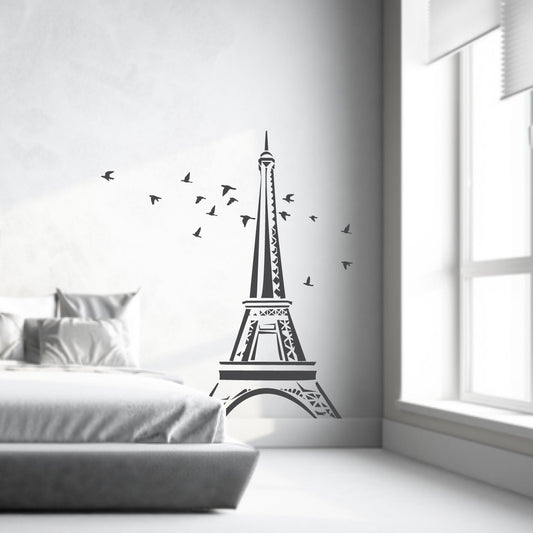 Wall Decal Paris Décor Eiffel Tower with Flock of Flying Birds