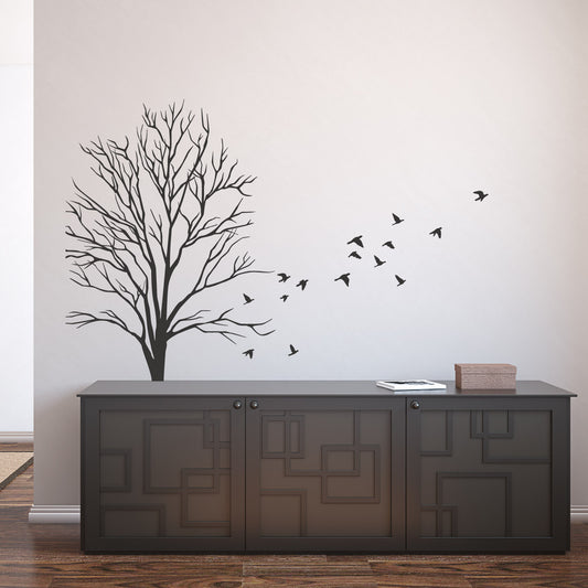 Wall Decal Small Tree Design with Flock of Flying Birds