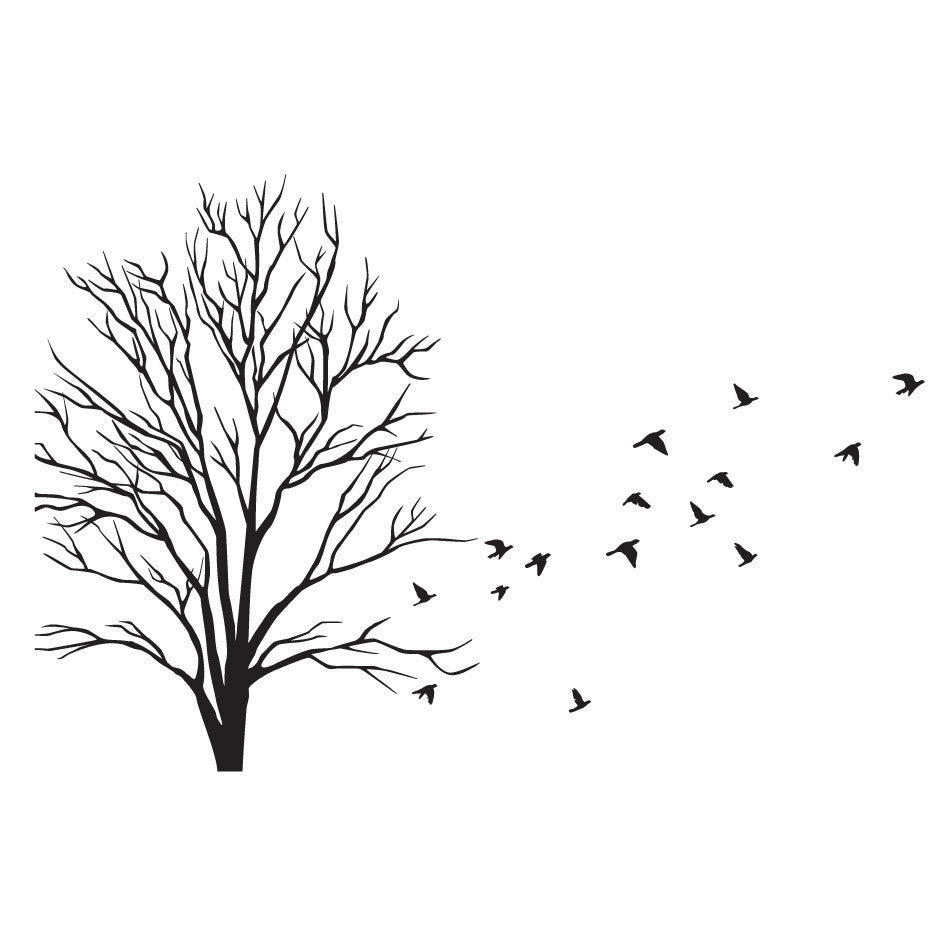 Wall Decal Small Tree Design with Flock of Flying Birds