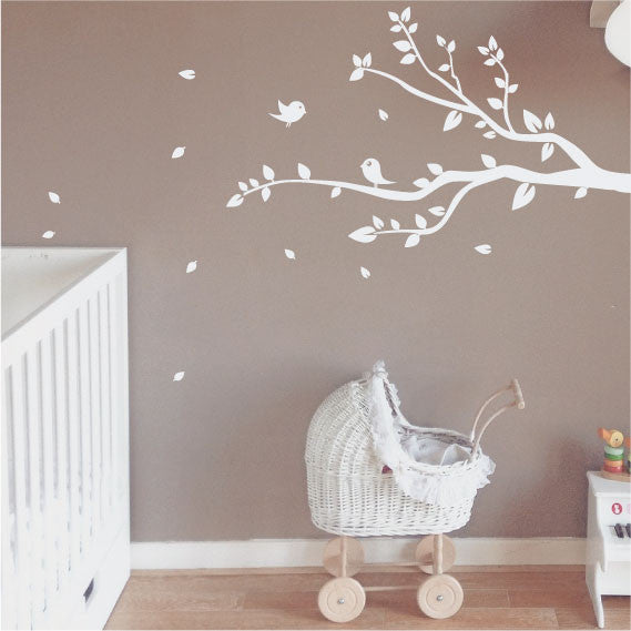 wall sticker tree branch design with cartoon birds for kids room or nursery